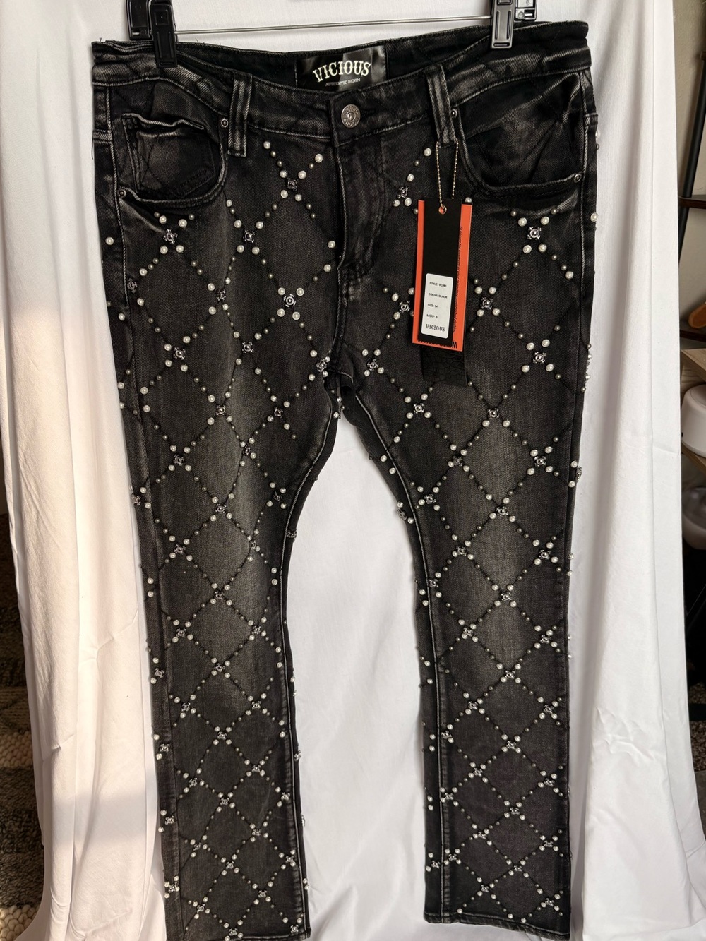 Vicious Denim Studded Pearl Jeans Mens 34 Black Skinny Distressed Western NWT